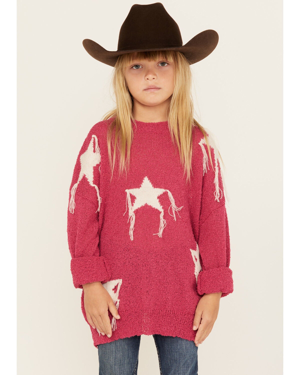 Rock & Roll Denim Girls' Star Print Sweater, Pink, hi-res