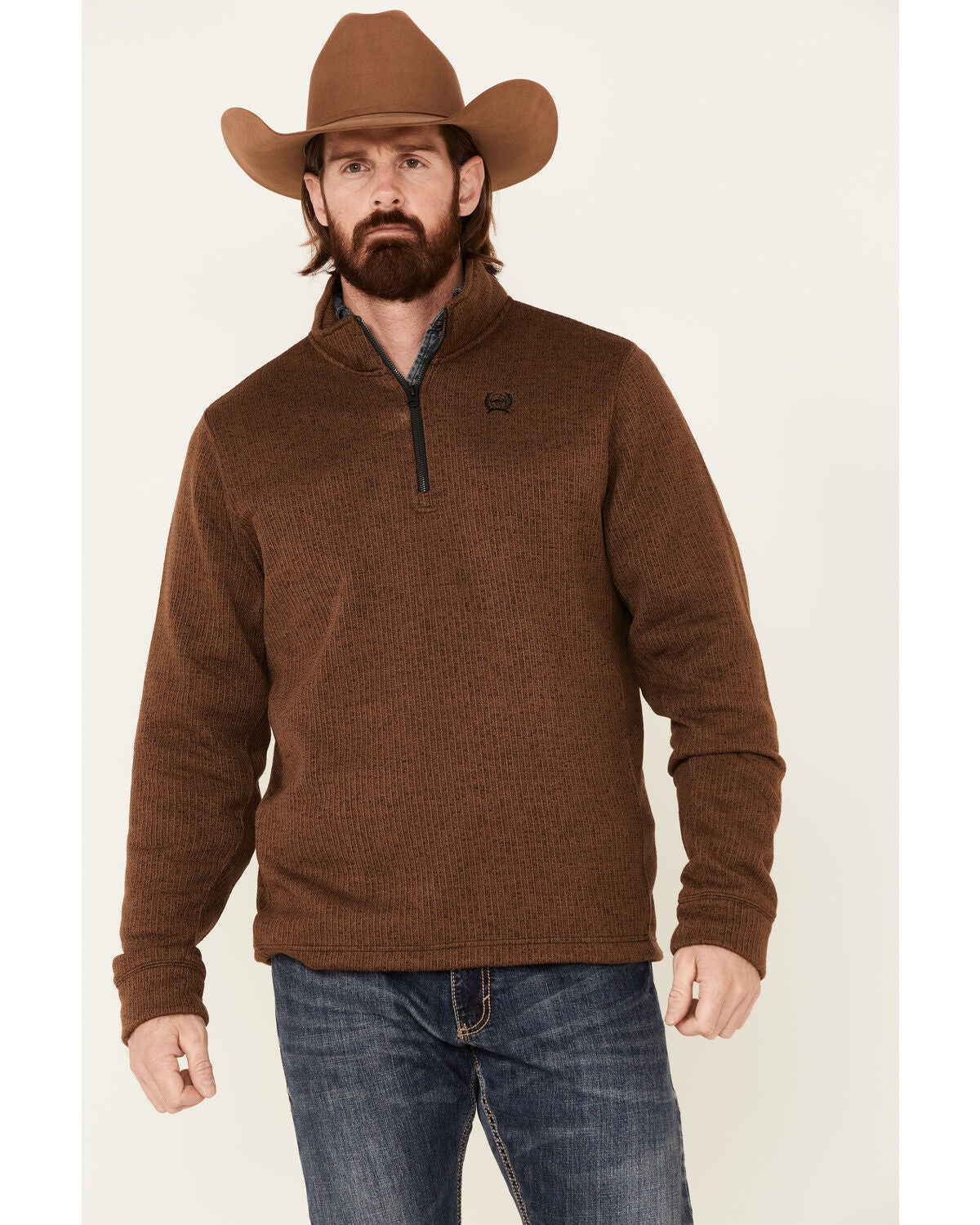 Cinch Men's Solid Brown Sweater Knit 1/4 Zip-Front Pullover - Big