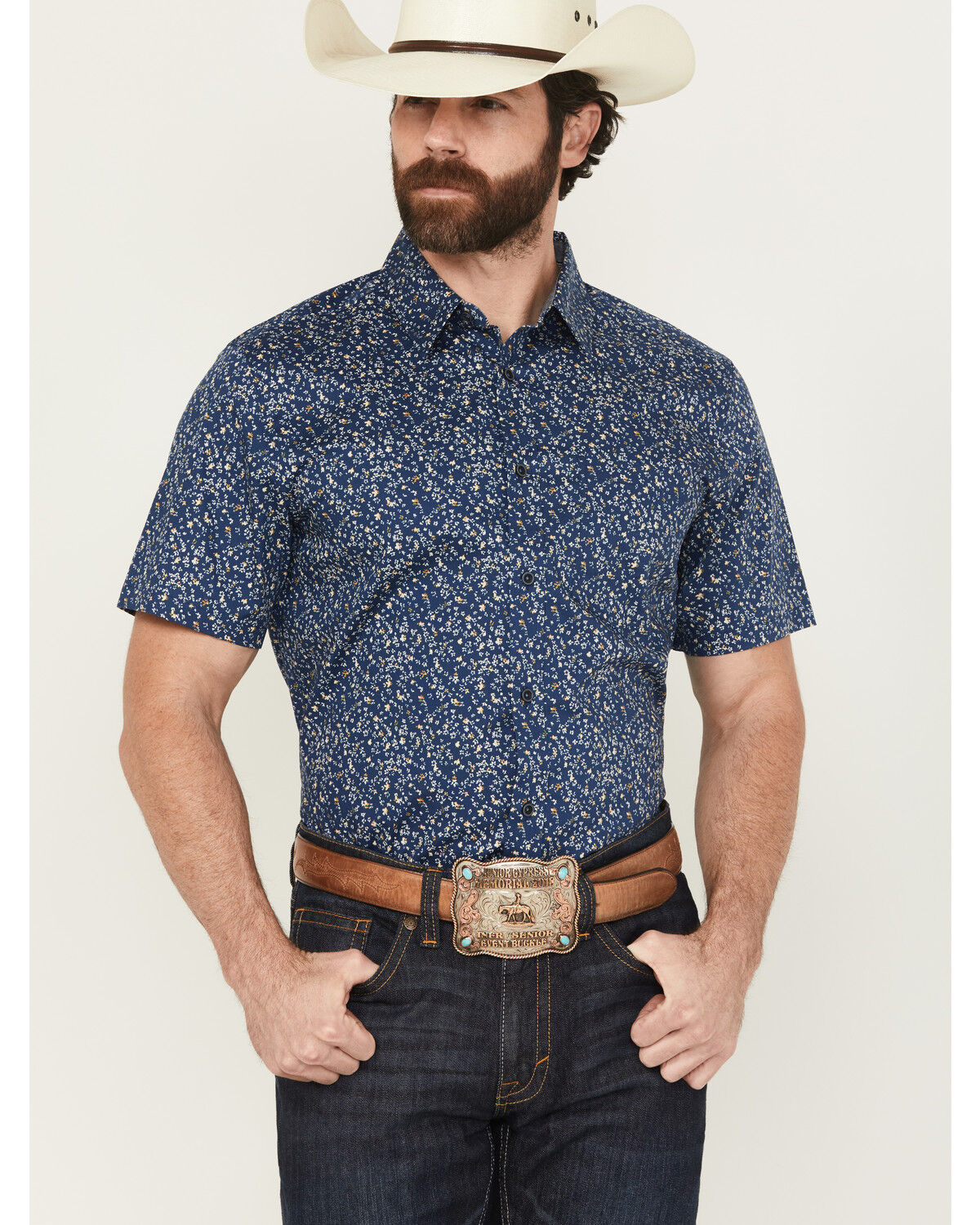 Image #1 - Cody James Men's Vanguard Floral Print Short Sleeve Button-Down Stretch Western Shirt, Navy, hi-res