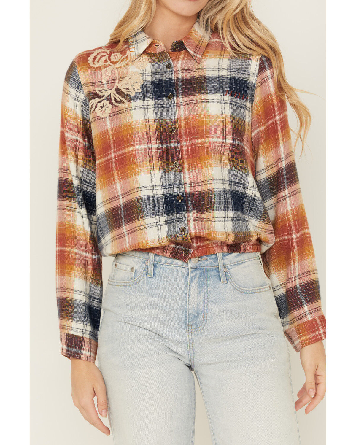 Image #3 - Cleo + Wolf Women's Embroidered Cropped Plaid Print Flannel Shirt, Lt Brown, hi-res