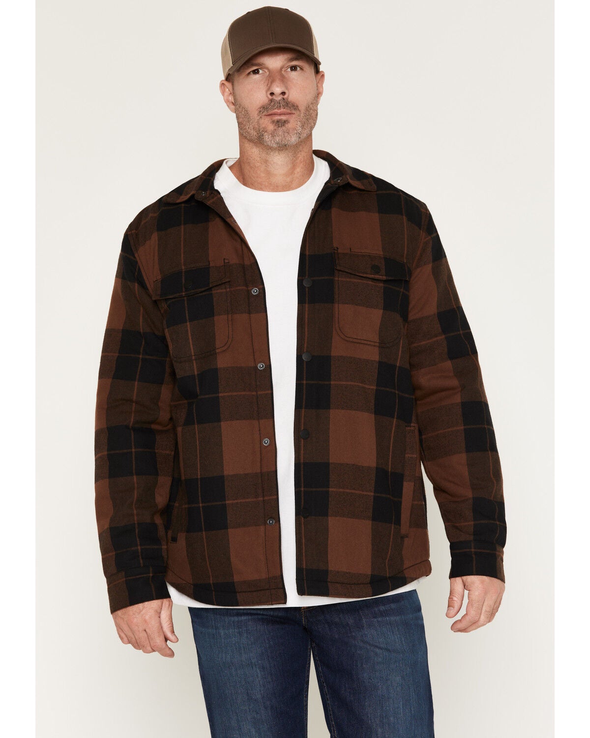 Image #1 - Hawx Men's Bull Plaid Print Sherpa Lined Shirt Jacket, Brown, hi-res