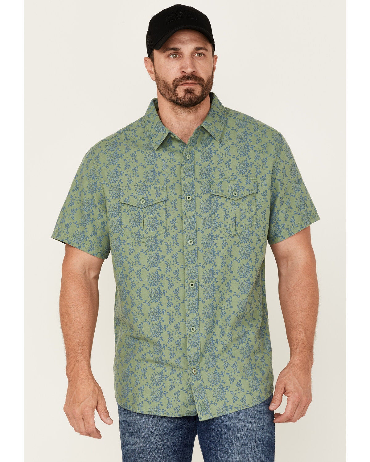 Brothers and Sons Men's Floral Print Short Sleeve Button-Down Western Shirt, Green, hi-res