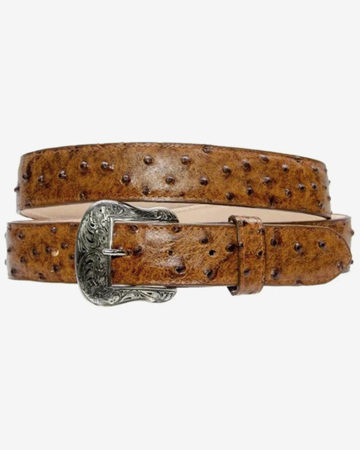 Image #1 - Tanner Mark Men's Broken Arrow Ostrich Print Leather Belt, Cognac, hi-res
