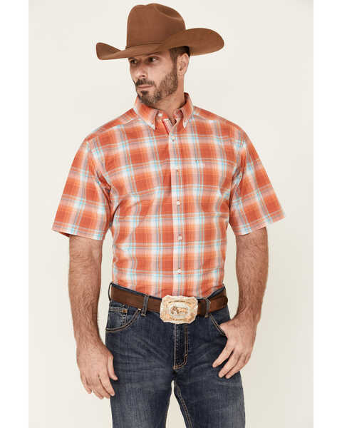 Ariat Men's Faris Med Plaid Short Sleeve Button-Down Western Shirt , Orange, hi-res