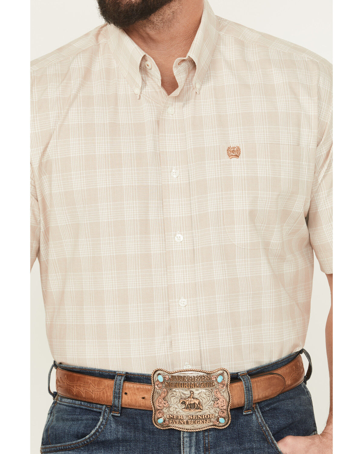 Image #3 - Cinch Men's Plaid Print Short Sleeve Button-Down Western Shirt, Oatmeal, hi-res