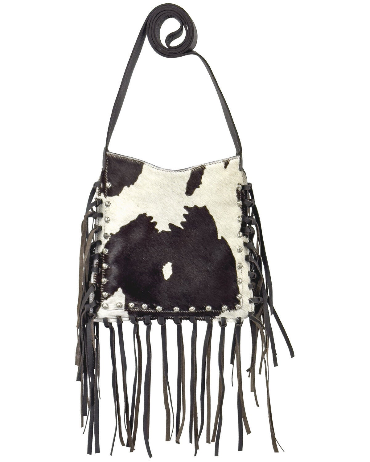 American West Women's Pony Hair-On Studded Fringe Crossbody Messenger, Chocolate, hi-res