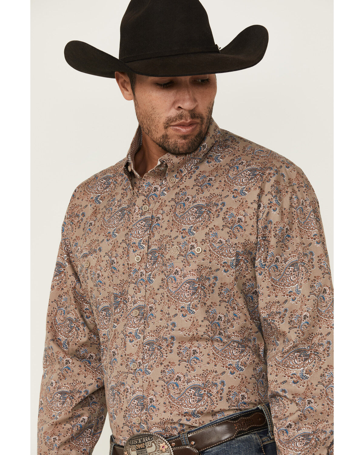 Image #2 - George Strait by Wrangler Men's Paisley Print Long Sleeve Button-Down Stretch Western Shirt, Brown, hi-res