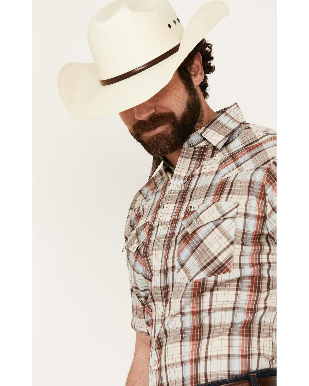 Image #2 - Ely Walker Men's Plaid Print Short Sleeve Snap Western Shirt, Brown, hi-res