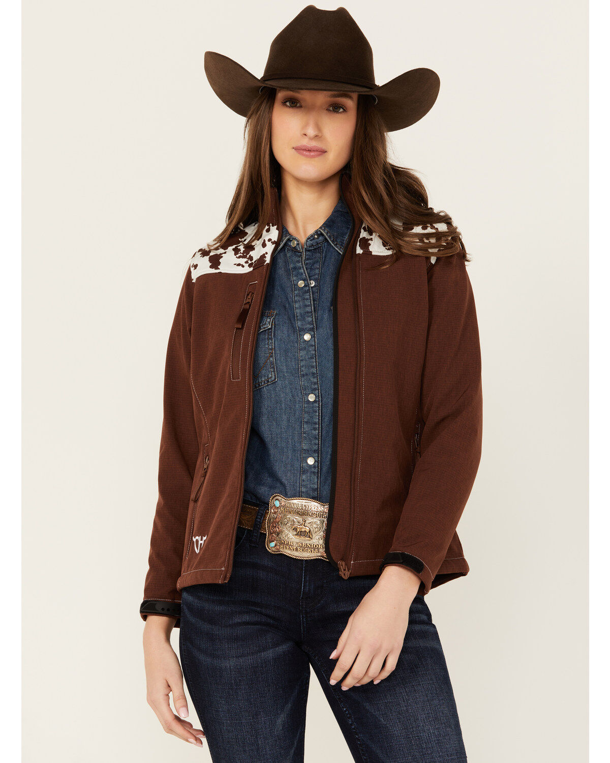Image #1 - Cowgirl Hardware Women's Cow Print Yoke Softshell Jacket, Brown, hi-res