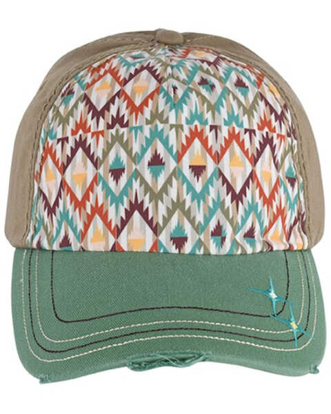 Catchfly Women's Southwestern Print Embroidered Distressed Ponytail Ball Cap, Multi, hi-res
