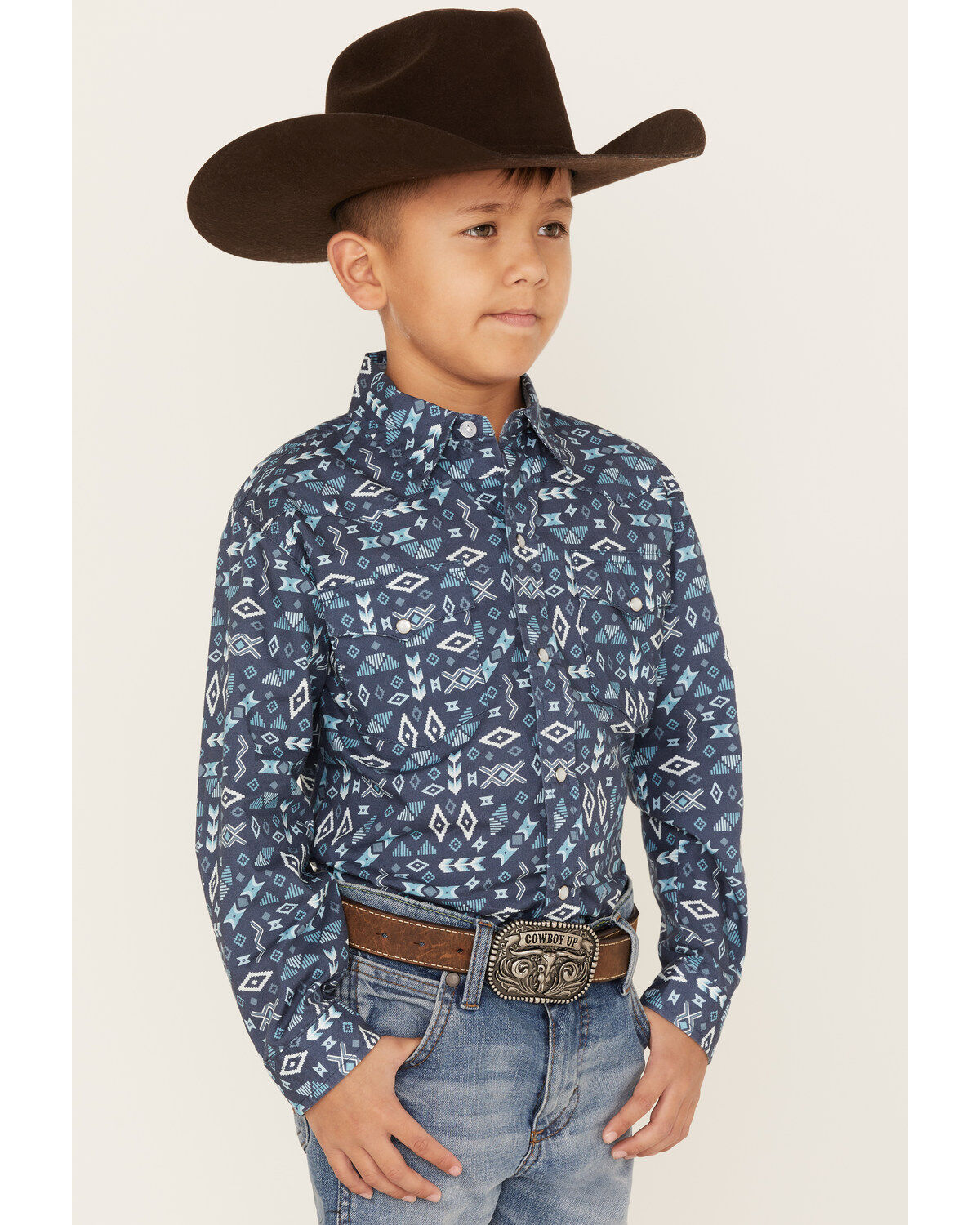 Image #2 - Roper Boys' West Made Southwestern Print Long Sleeve Western Pearl Snap Shirt, Blue, hi-res