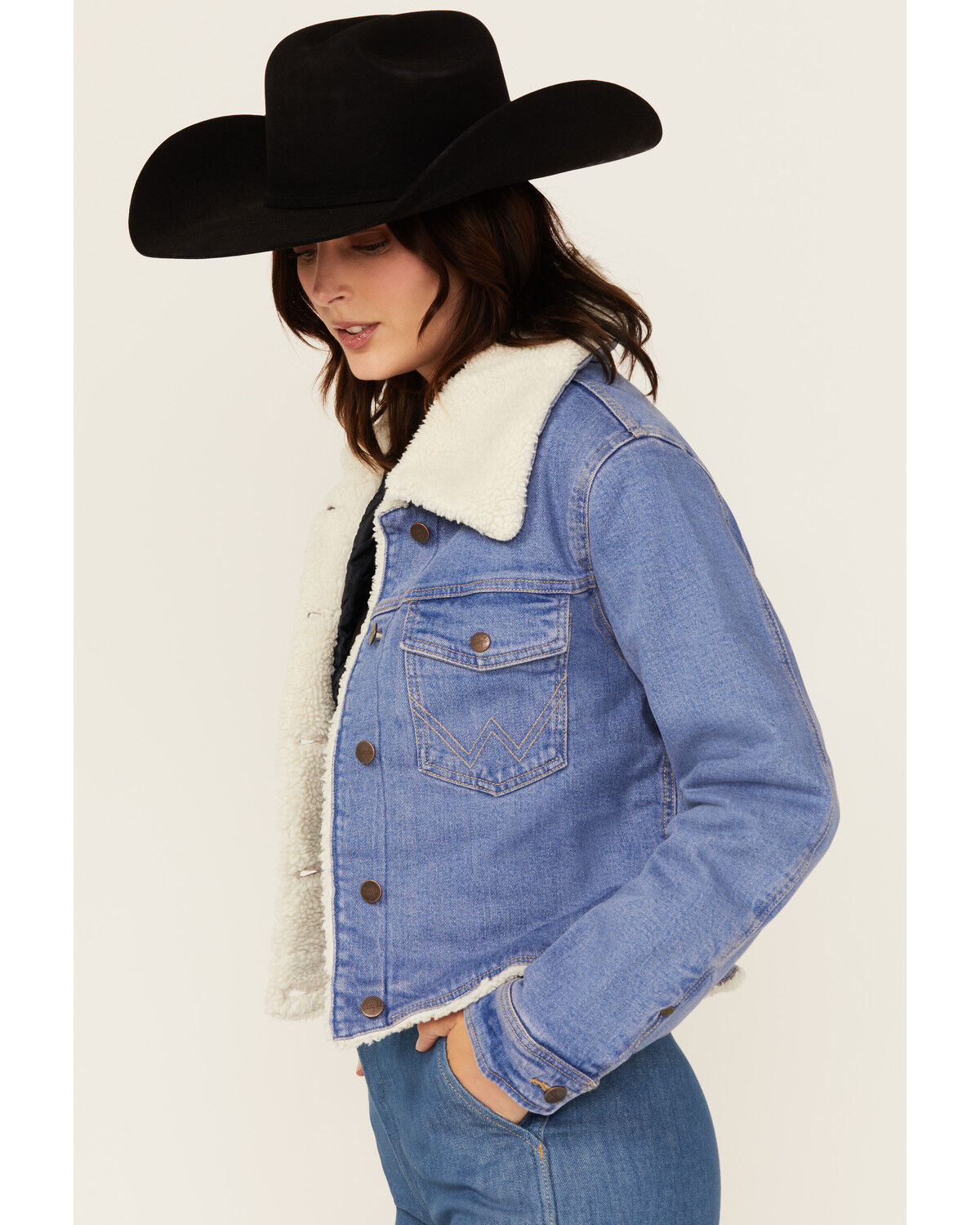 Image #3 - Wrangler Women's Medium Wash Sherpa Lined Denim Jacket, Medium Wash, hi-res