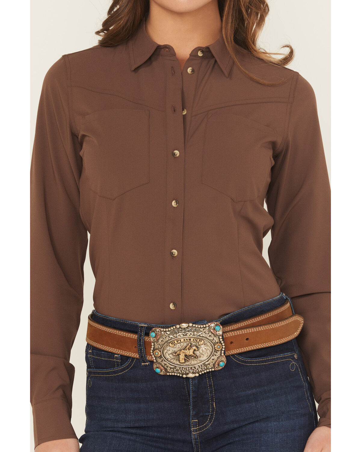 Image #3 - Shyanne Women's Solid Long Sleeve Button-Down Performance Shirt, Brown, hi-res