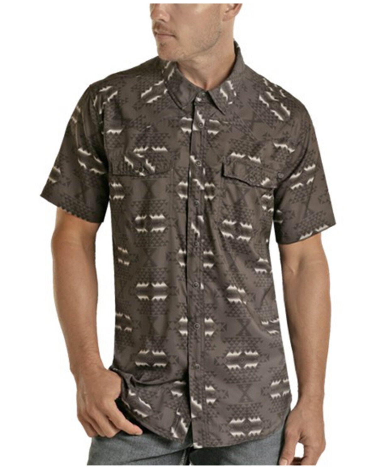 Rock & Roll Denim Men's Tek Southwestern Print Short Sleeve Snap Western Shirt, Charcoal, hi-res