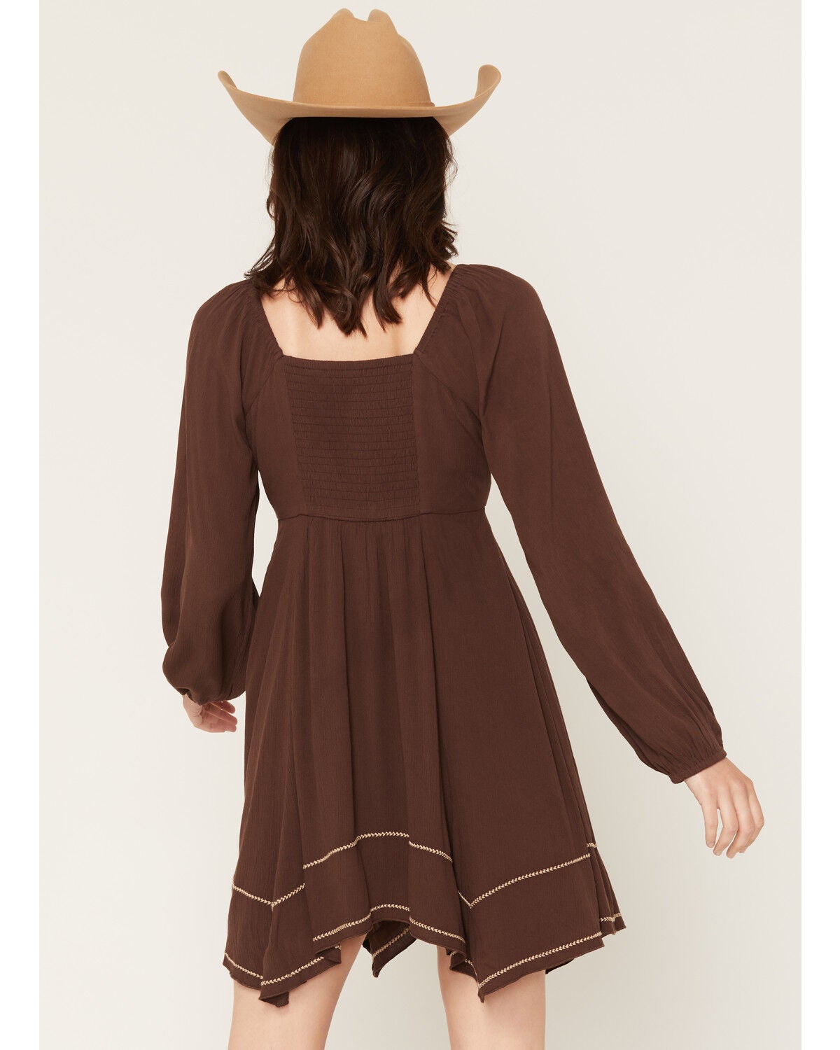 Image #4 - Shyanne Women's Piper Hanky Hem Embroidered Long Sleeve Mini Dress, Dark Brown, hi-res