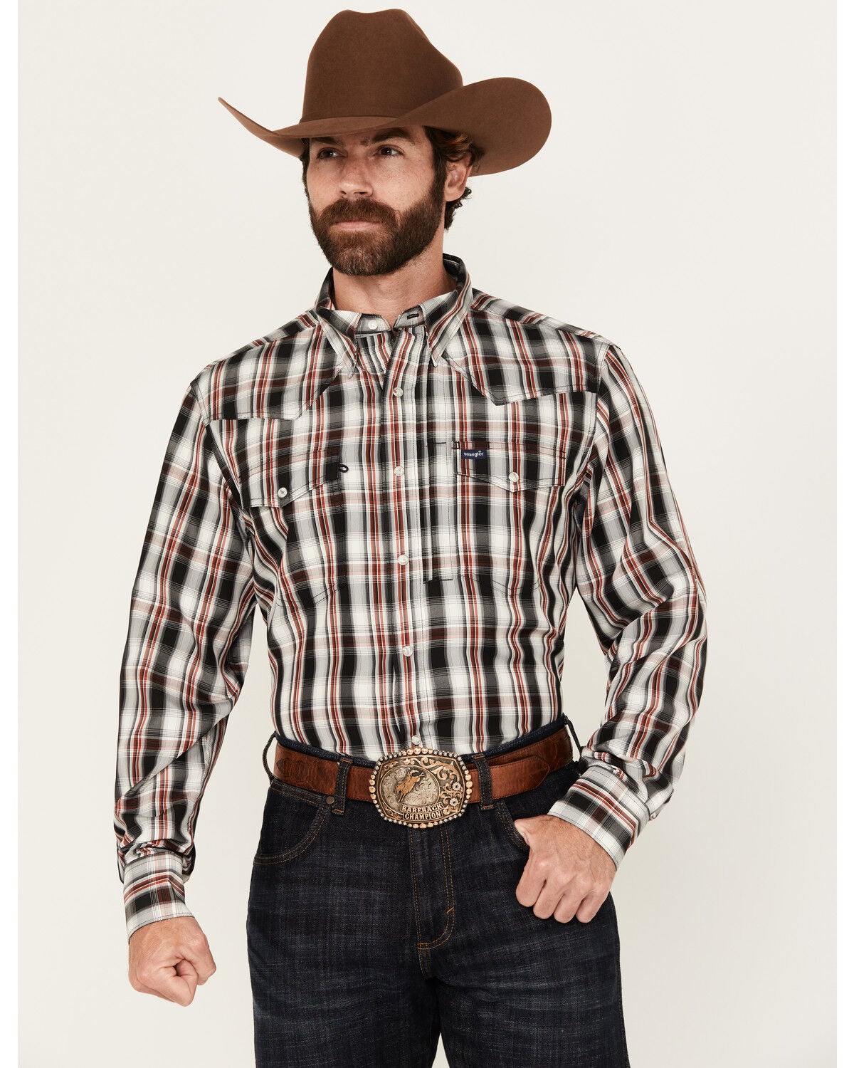 Wrangler Men's Plaid Print Long Sleeve Snap Performance Western Shirt, Black, hi-res