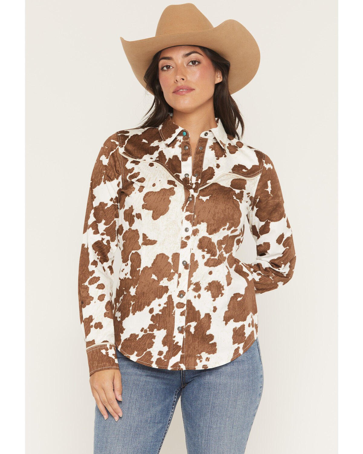 Shyanne Women's Junegrass Cow Print Long Sleeve Snap Stretch Western Shirt, Coffee, hi-res