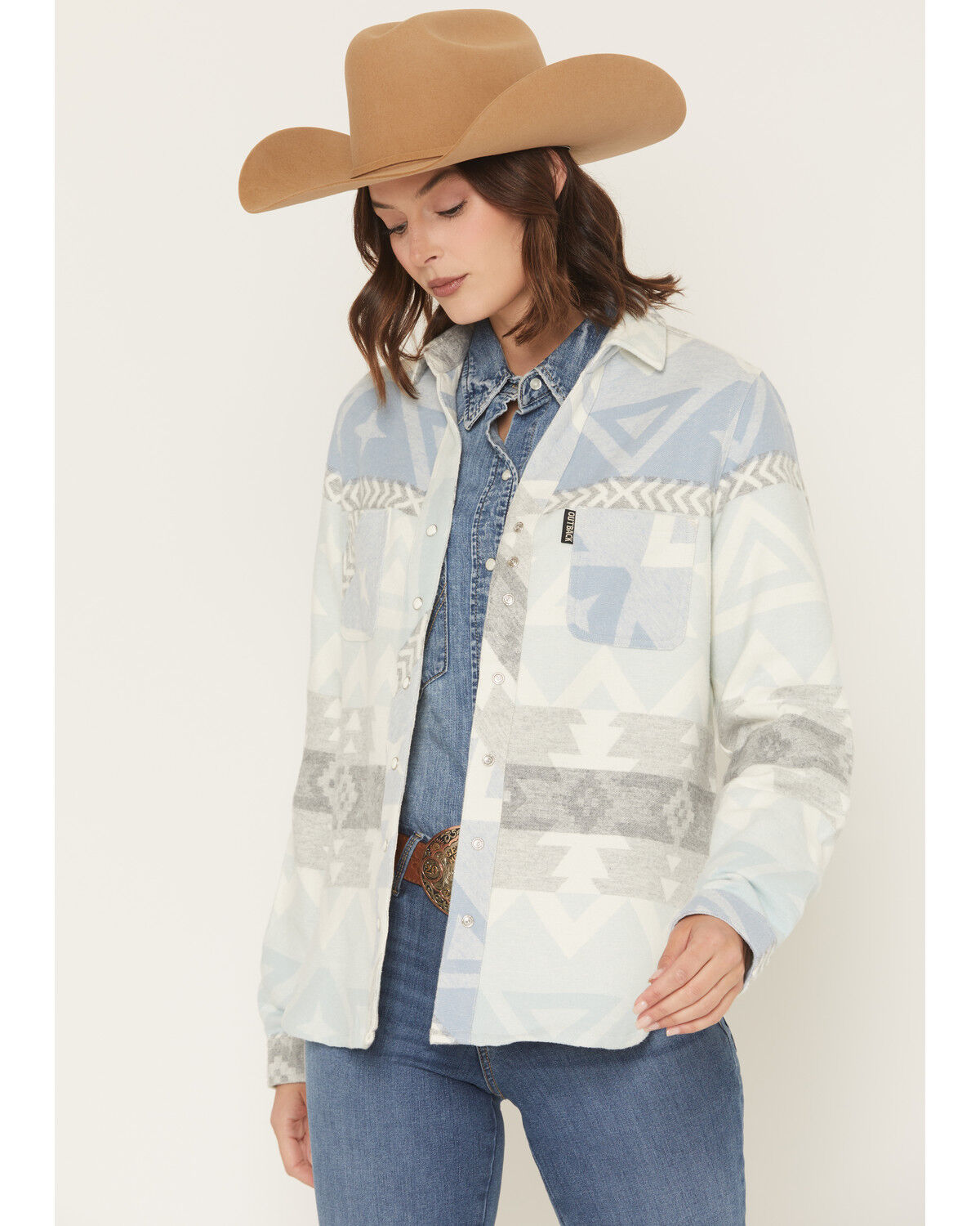 Image #1 - Outback Trading Co Women's Camille Southwestern Print Snap Western Shirt, Light Blue, hi-res