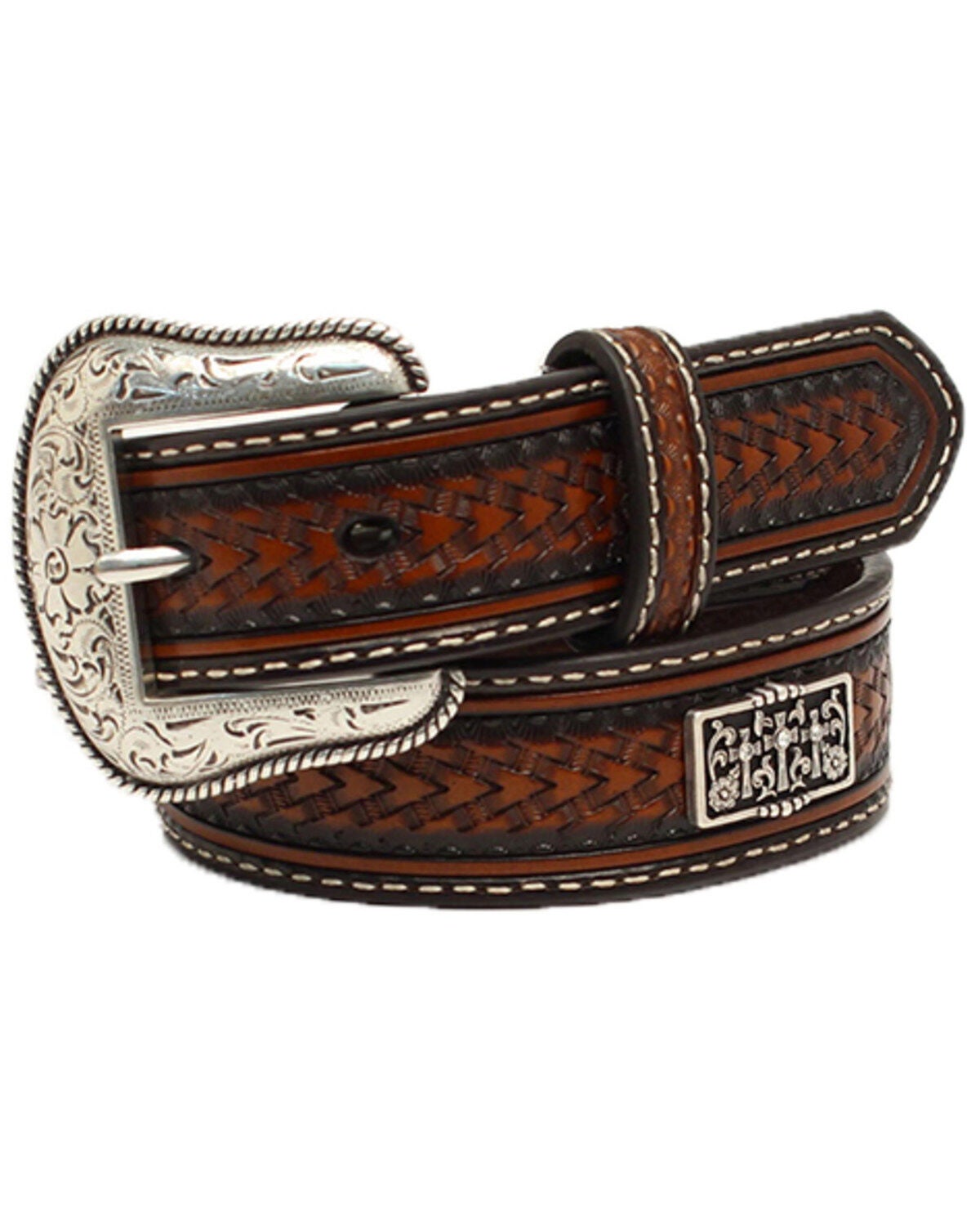 Nocona Boys' Studded Cross Western Belt, Brown, hi-res