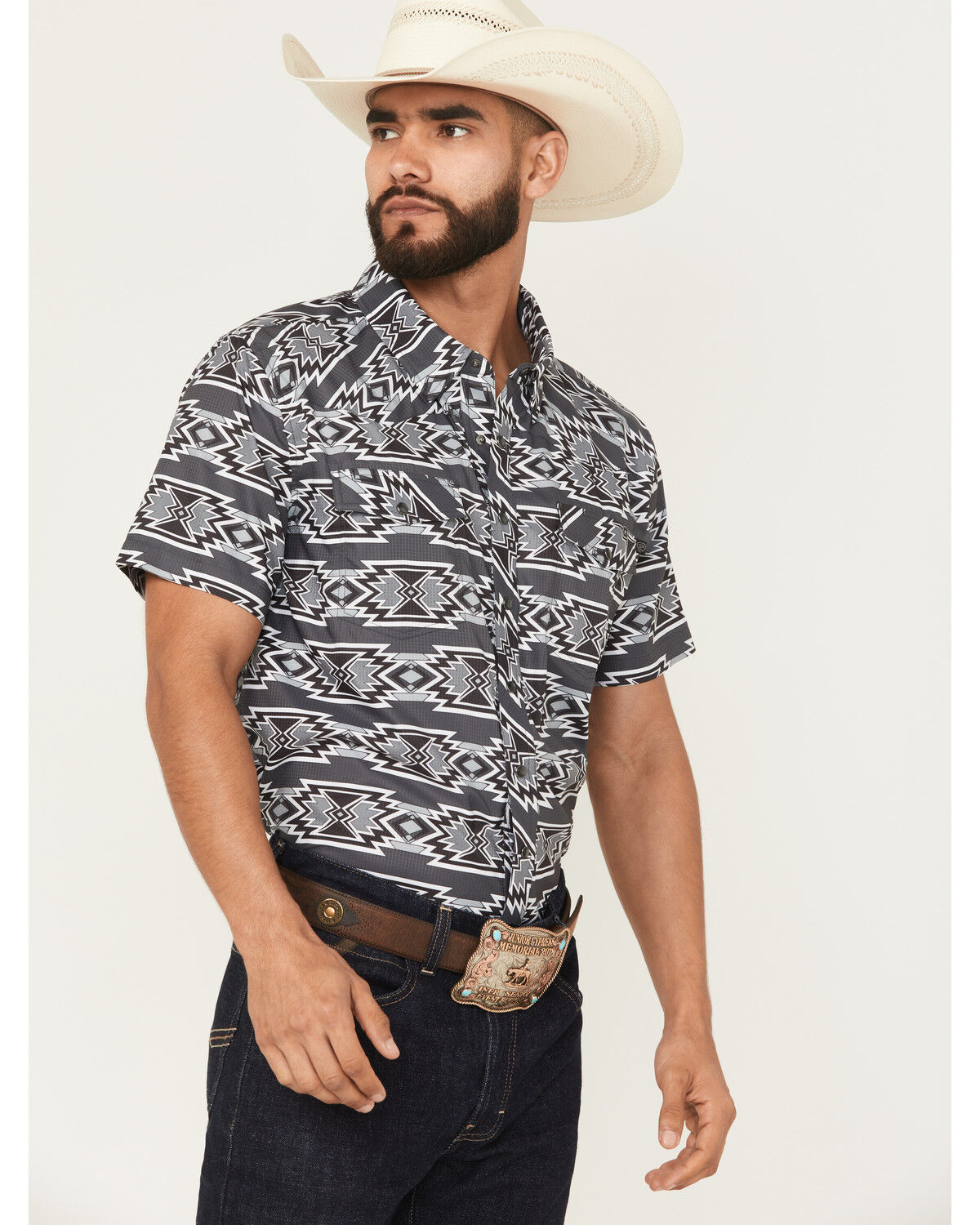 Image #2 - Rock & Roll Denim Men's Boot Barn Exclusive Tek Southwestern Short Sleeve Snap Stretch Western Shirt, Black, hi-res