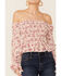 Beyond The Radar Women's Floral White Smocked Chiffon Off Shoulder Top, White, hi-res