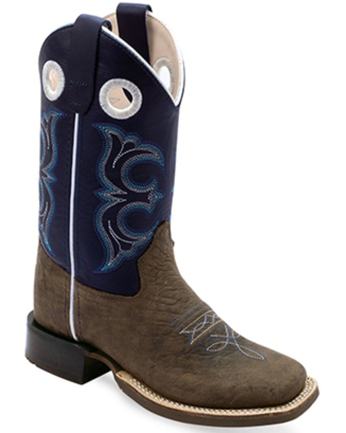 Old West Boys' Hand Corded Western Boots - Broad Square Toe, Dark Blue, hi-res