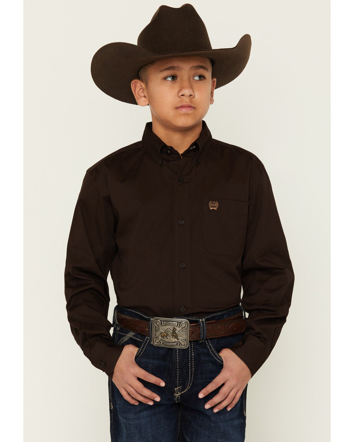 Cinch Boys' Solid Long Sleeve Button-Down Western Shirt, Brown, hi-res