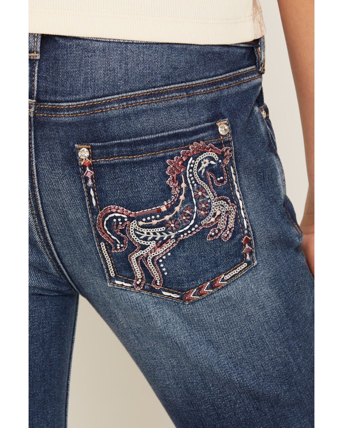 Image #2 - Shyanne Little Girls' Westend Medium Wash Horse Pocket Bootcut Stretch Denim Jeans, Medium Wash, hi-res