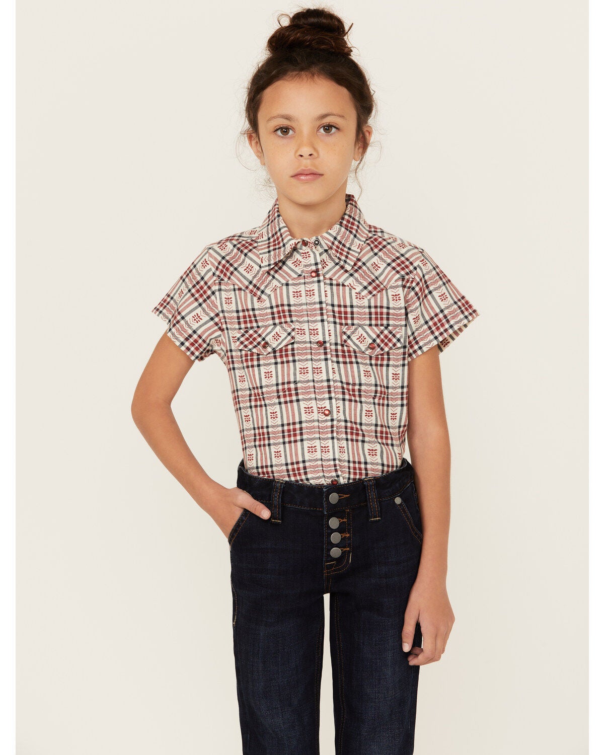 Shyanne Girls' Dobby Teton Plaid Print Short Sleeve Pearl Snap Western Shirt, Brick Red, hi-res