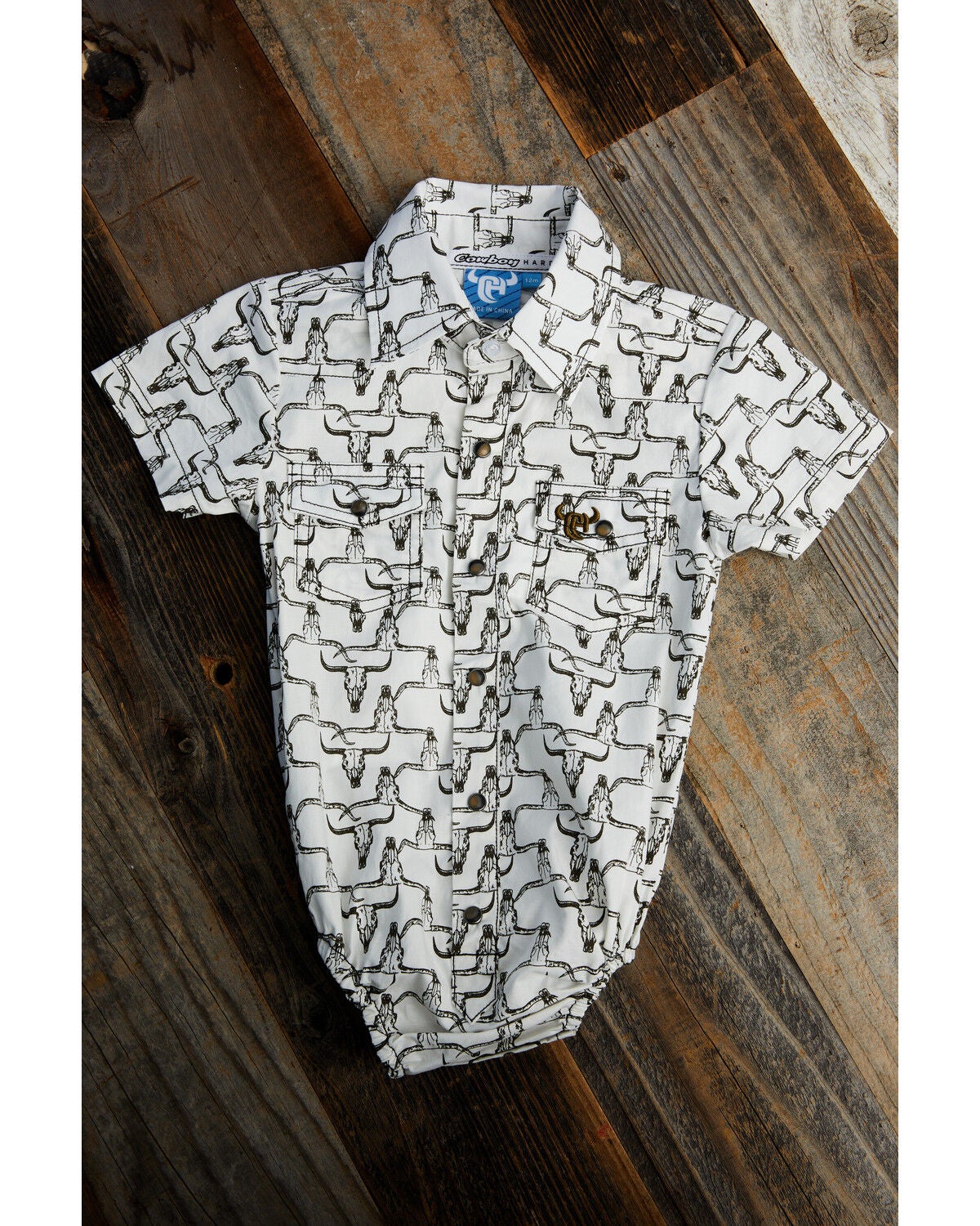Image #1 - Cowboy Hardware Infant Boys' Cow Skull Print Short Snap Onesie, White, hi-res