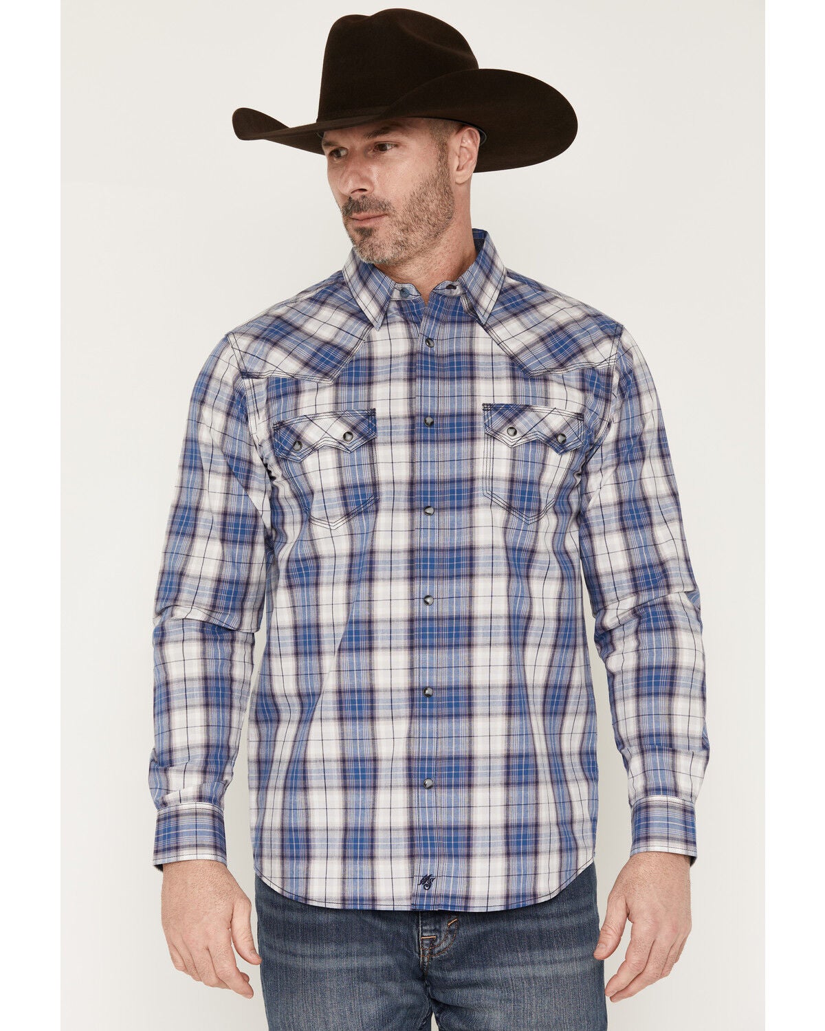 Moonshine Spirit&reg; Men's Burning Blue Plaid Print Long Sleeve Snap Western Shirt, Blue, hi-res