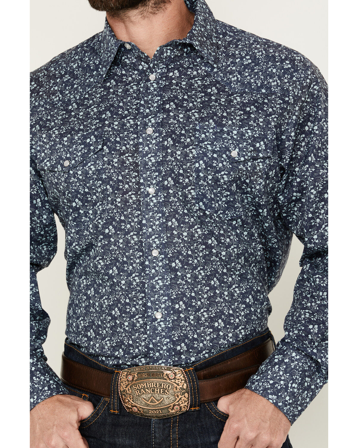 Image #3 - Roper Men's Floral Print Long Sleeve Pearl Snap Western Shirt, Navy, hi-res