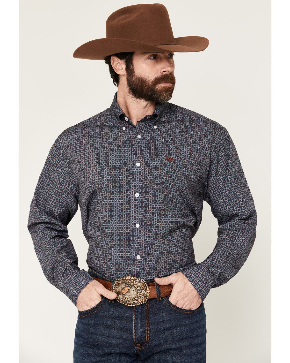 Cinch Men's Geo Print Long Sleeve Button-Down Stretch Western Shirt, Blue, hi-res