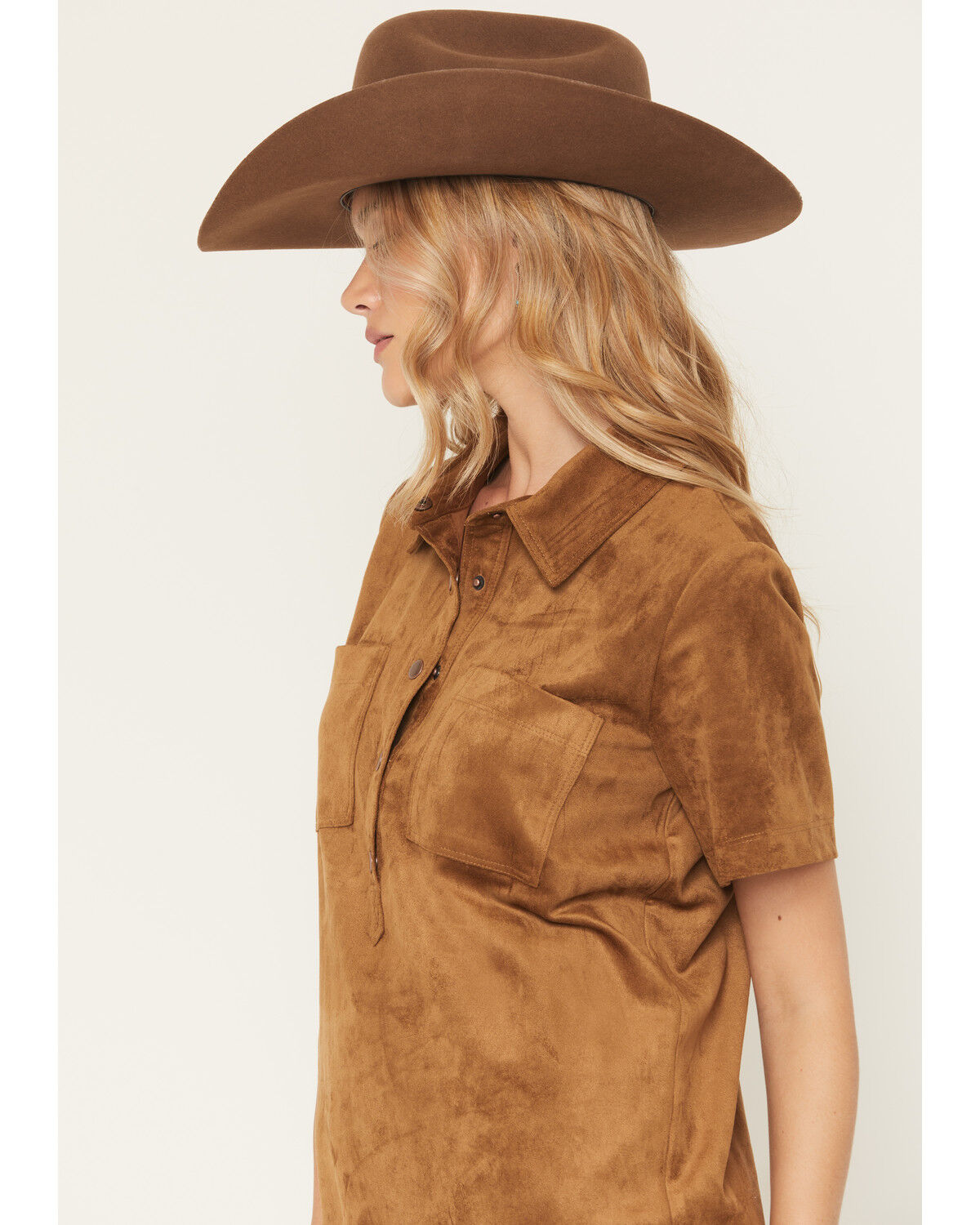 Image #2 - White Crow Women's Faux Suede Short Sleeve Snap Mini Dress, Brown, hi-res