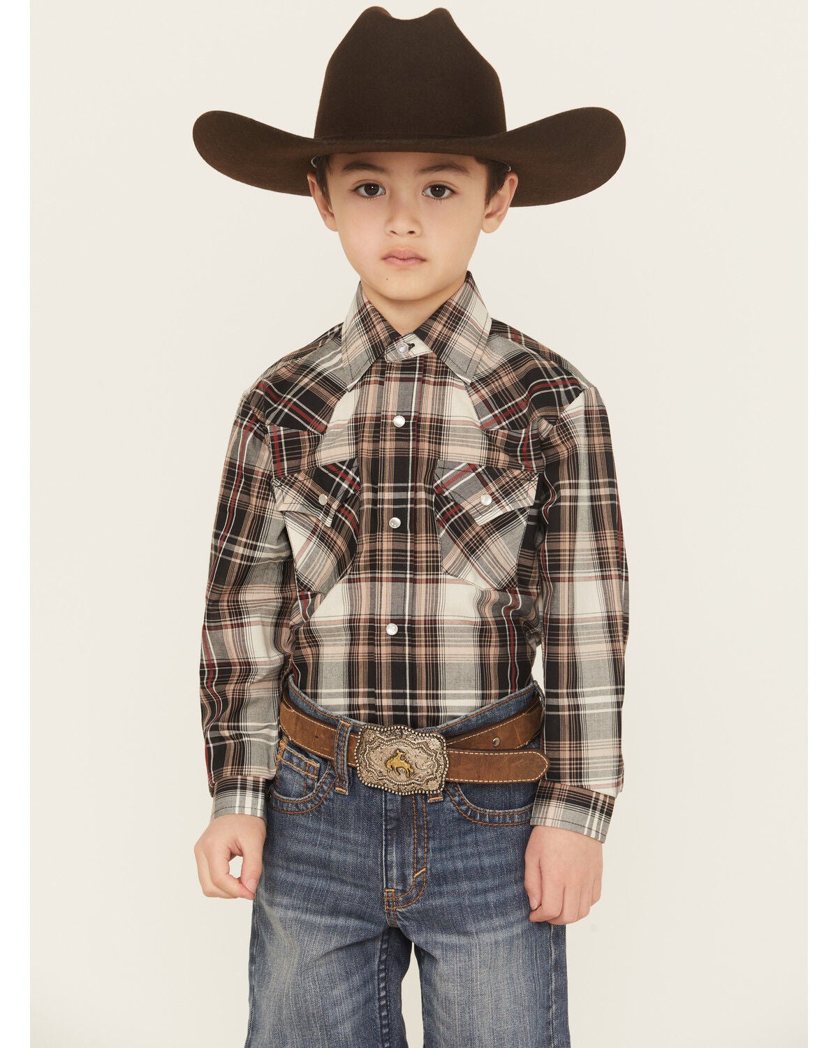 Ely Walker Boys' Plaid Print Long Sleeve Snap Western Shirt, Khaki, hi-res