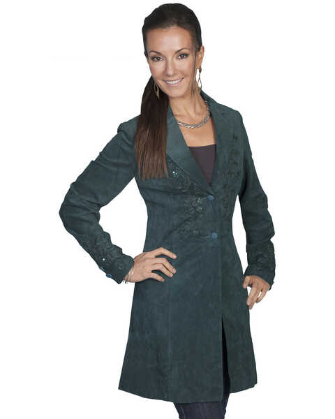 Scully Embroidered Boar Suede Long Coat, Teal, hi-res