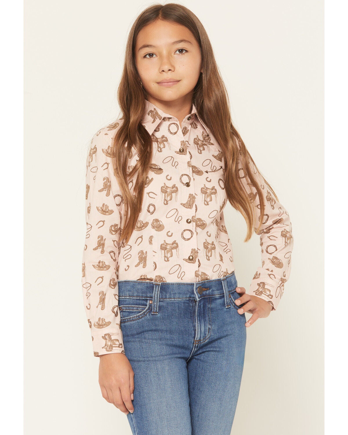 Cruel Girl Girls' Conversational Print Long Sleeve Snap Western Shirt, Pink, hi-res