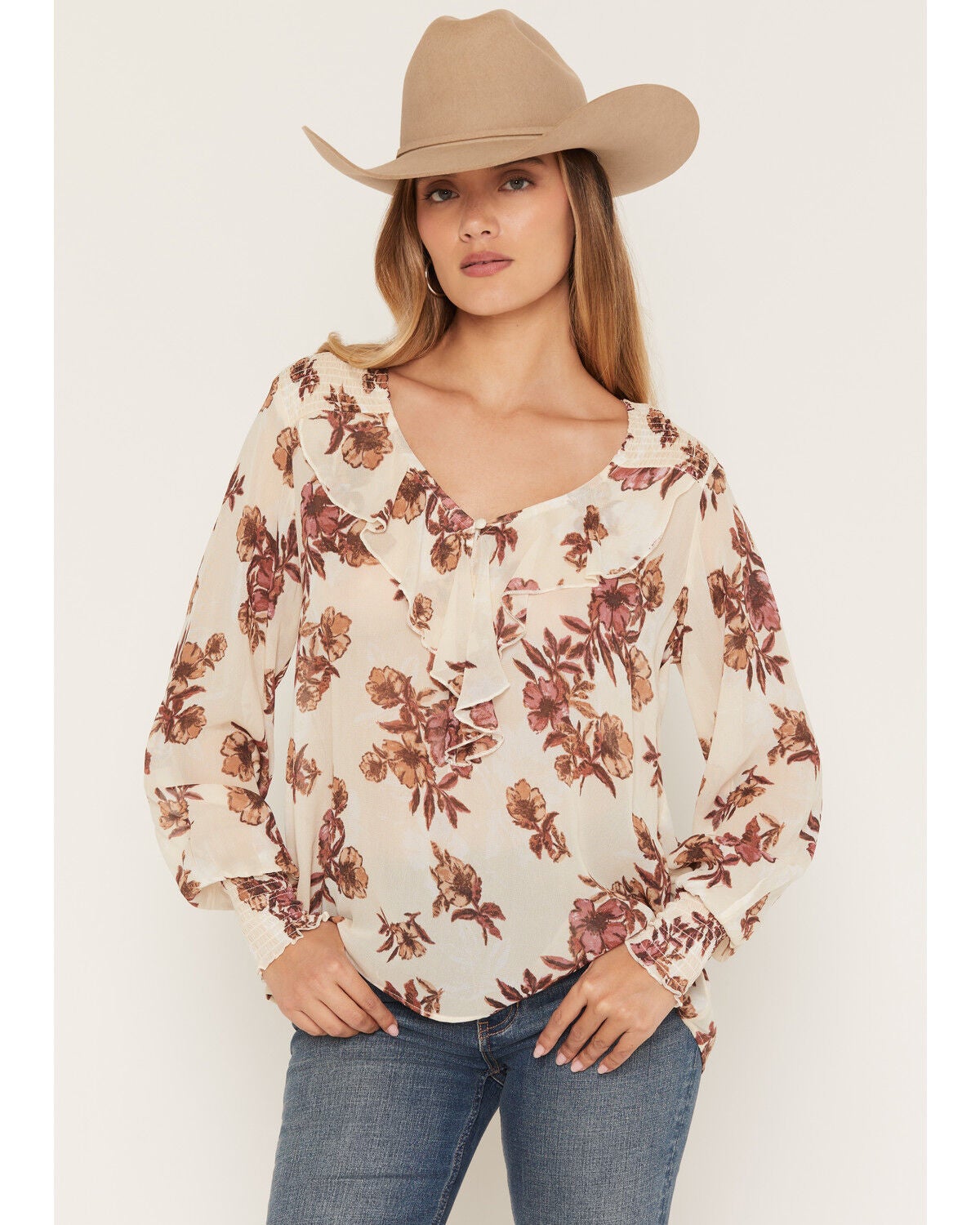 Shyanne Women's Rollins Floral Print Long Sleeve Ruffle Blouse, Natural, hi-res