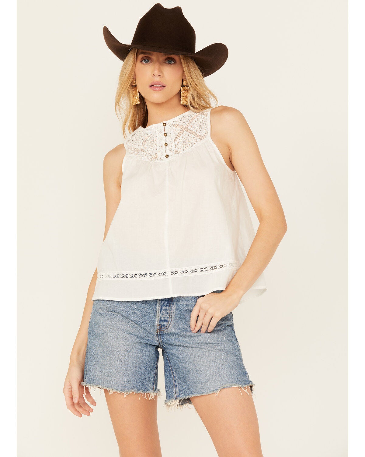 Eyeshadow Women's Lace Bodice Tank, White, hi-res