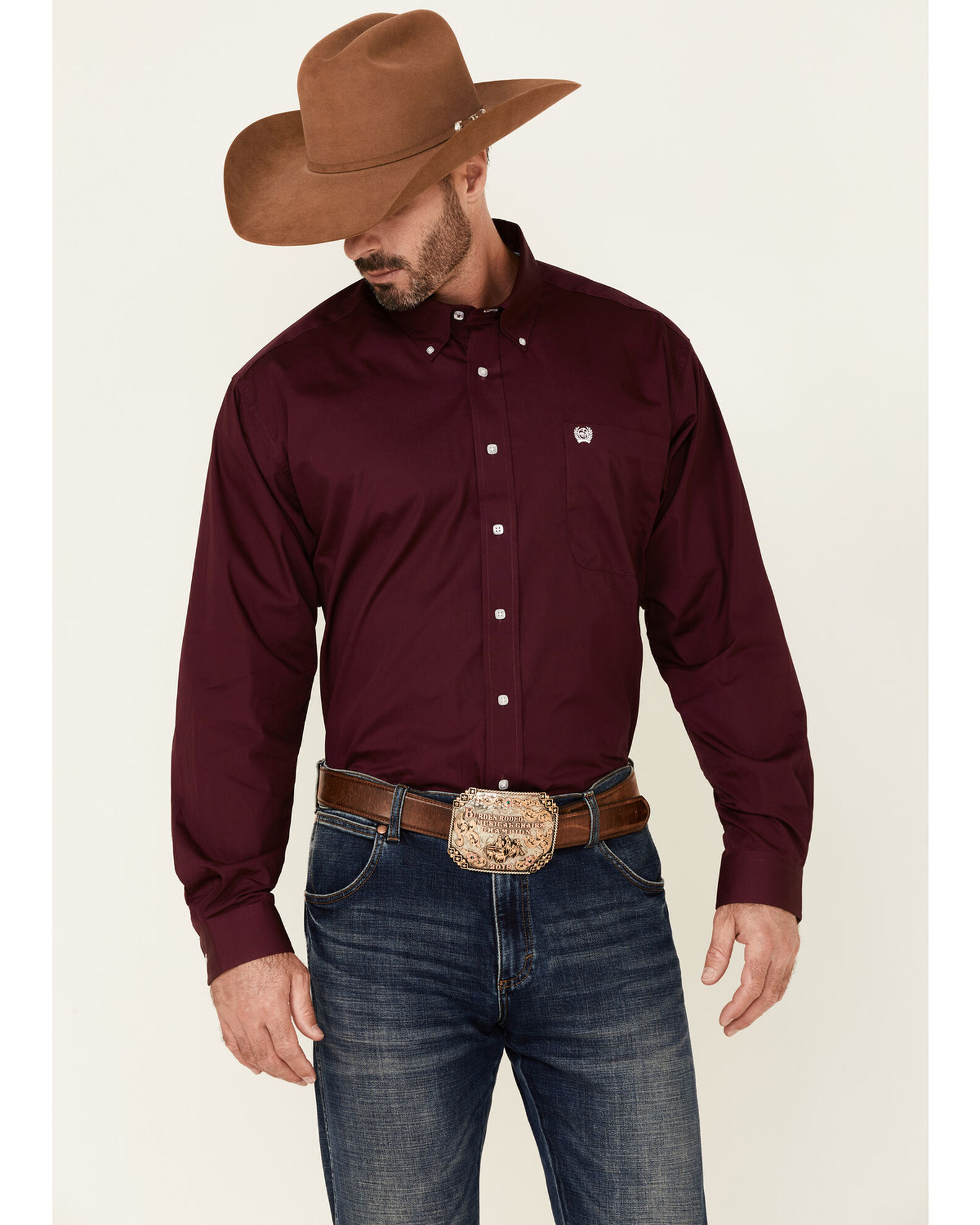 C inch Men s Solid Burgundy Button Long Sleeve Western Shirt
