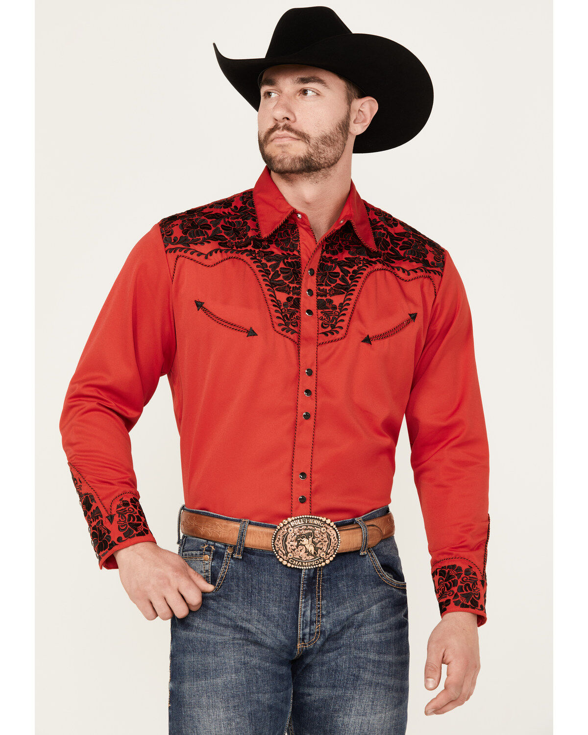 Image #1 - Scully Men's Embroidered Red Retro Long Sleeve Western Shirt, , hi-res