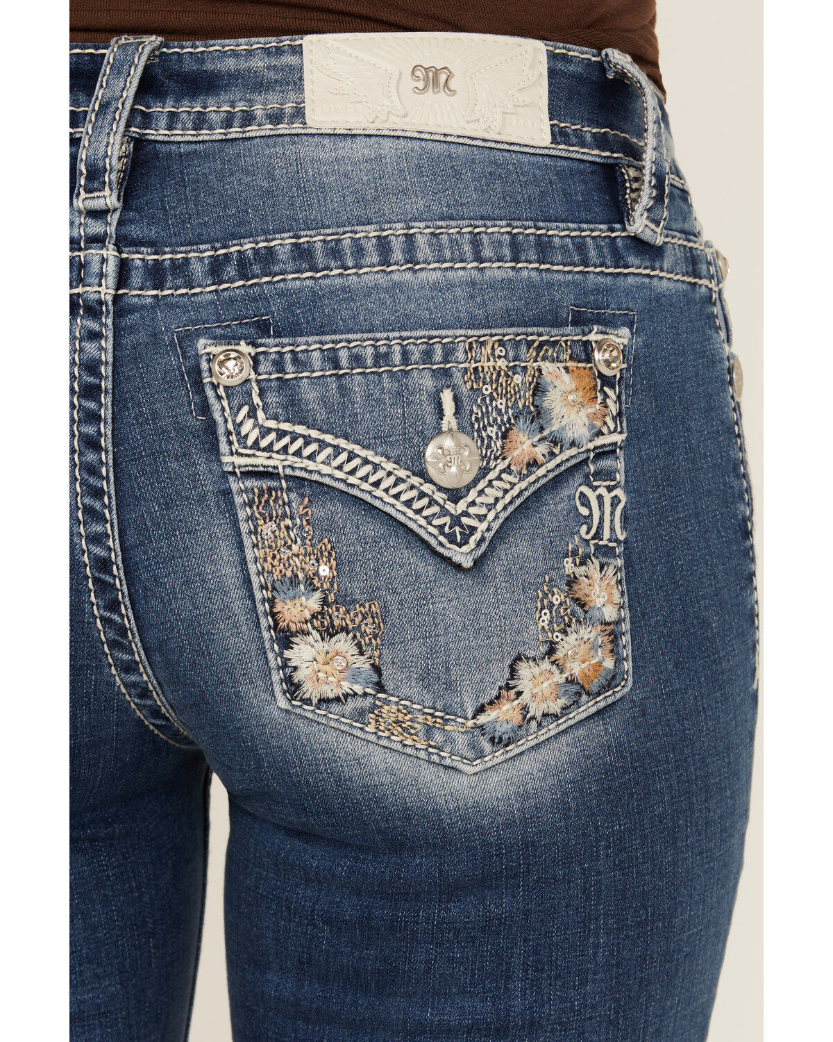 Product Name:  Miss Me Women's Medium Wash Floral Border Pocket Bootcut Stretch Denim Jeans