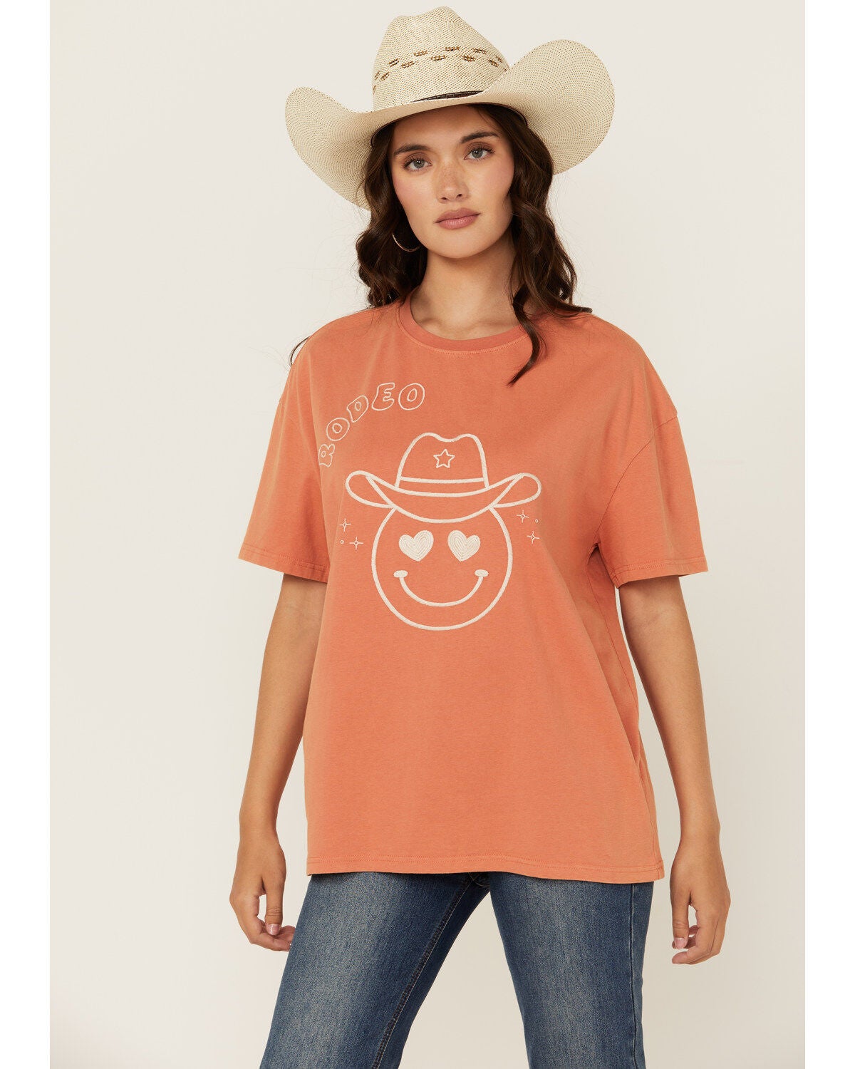 Blue B Women's Embroidered Smiley Rodeo Short Sleeve Graphic Tee, Orange, hi-res