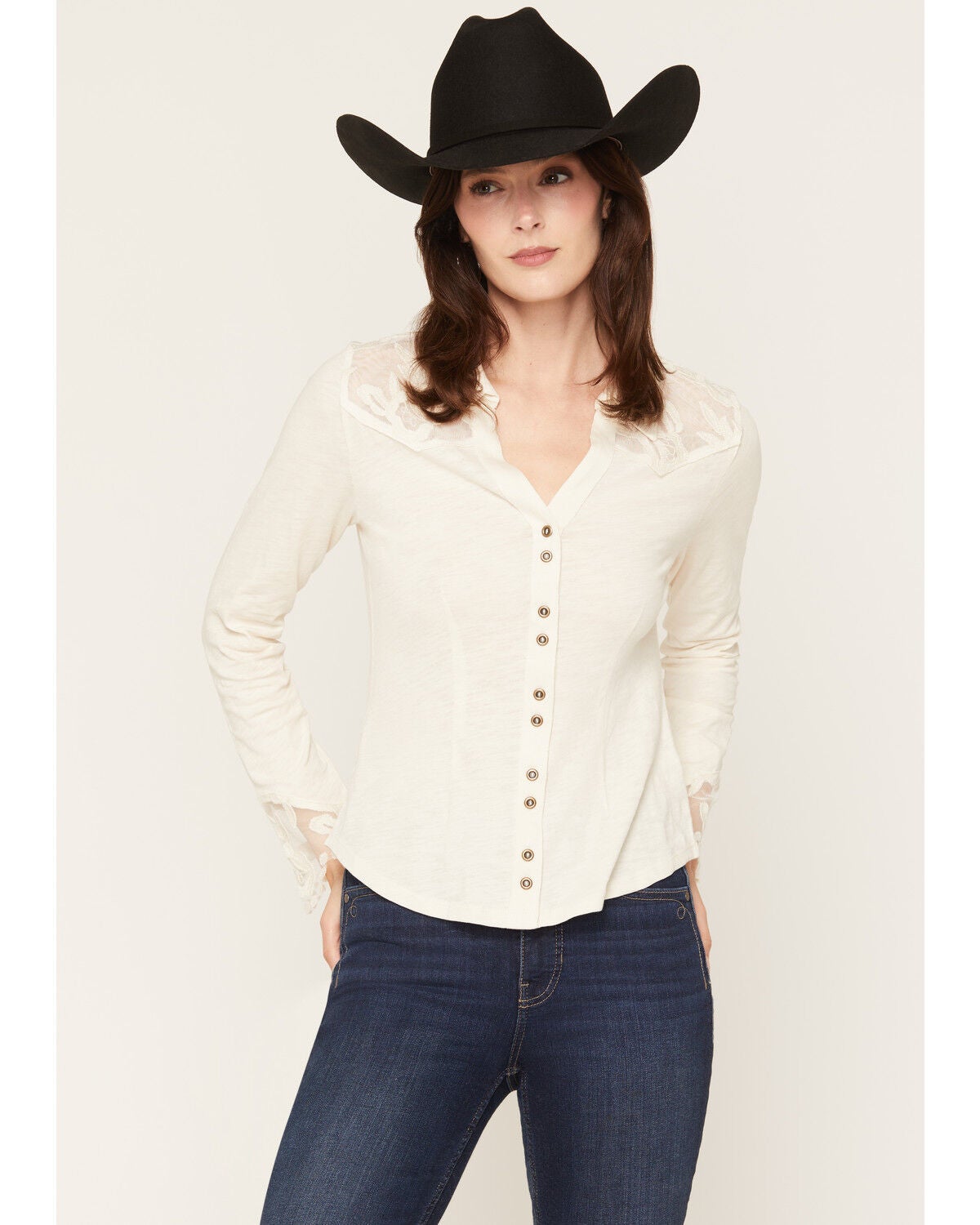 Image #1 - Shyanne Women's Rider Long Sleeve Knit Lace Yoke Button-Down Western Shirt, Natural, hi-res