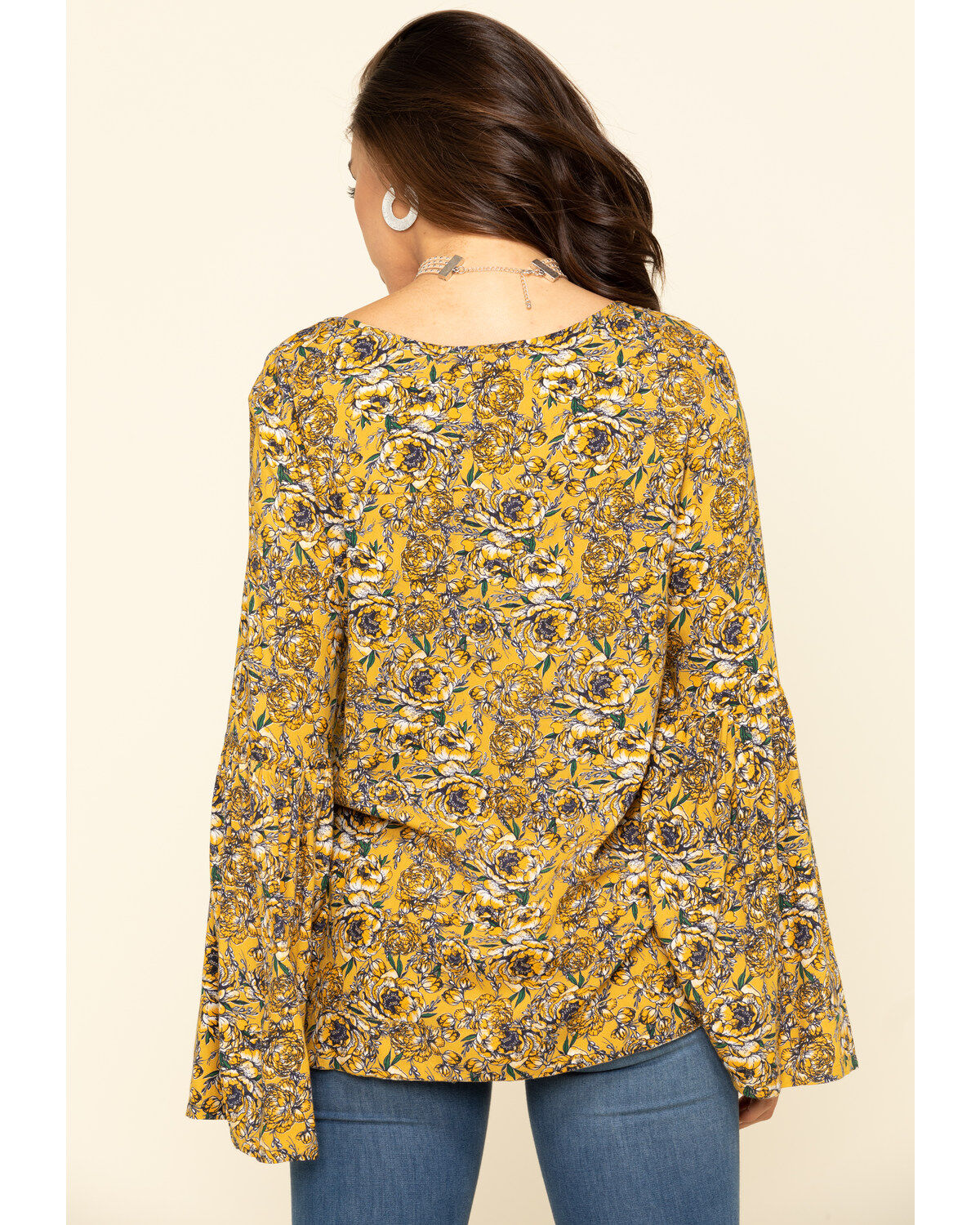 Image #2 - Rock & Roll Denim Women's Yellow Floral Bell Sleeve Top, Mustard, hi-res