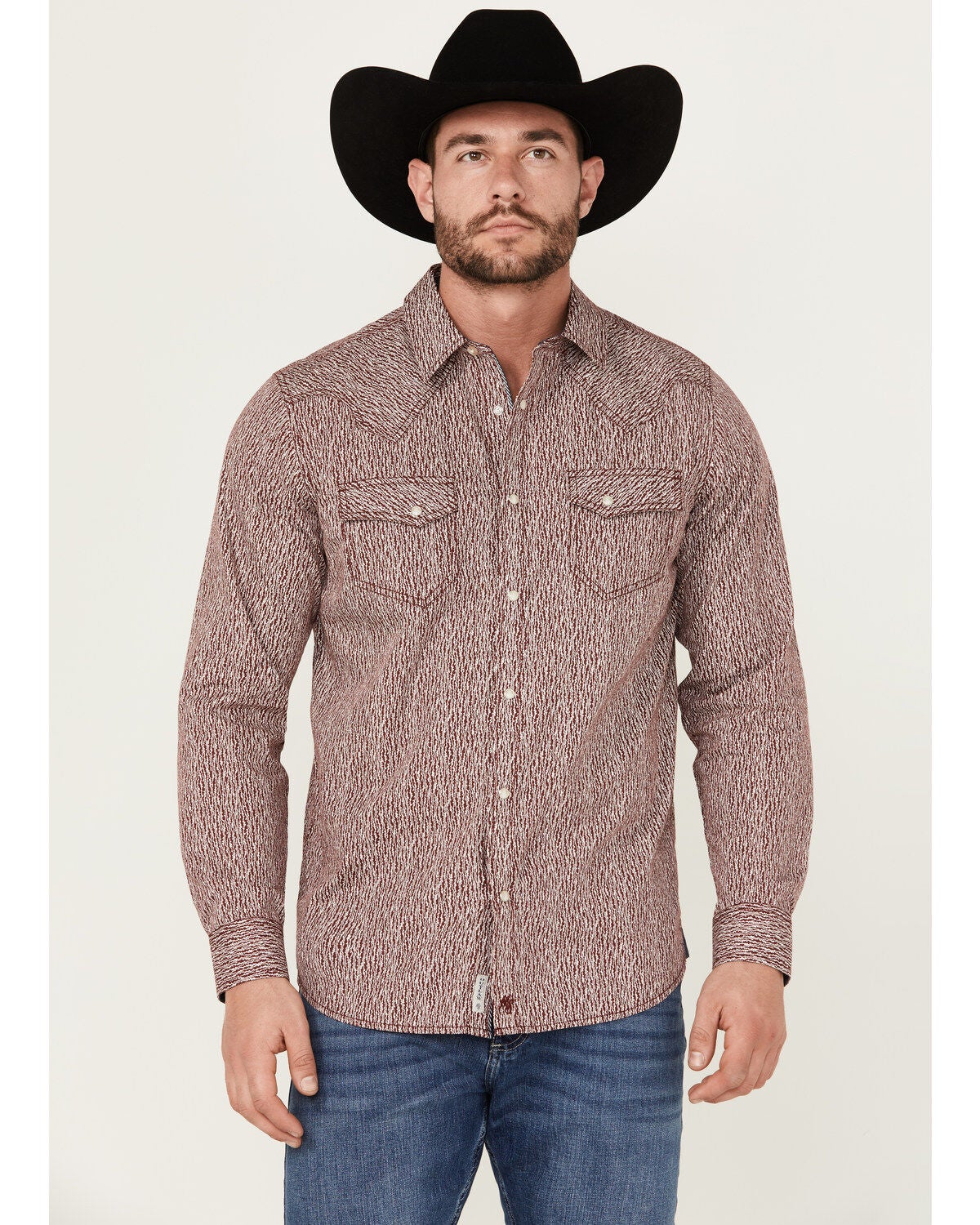 Moonshine Spirit&reg; Men's Album Printed Long Sleeve Pearl Snap Western Shirt, Burgundy, hi-res