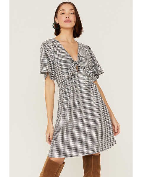 Beyond The Radar Women's Gingham Tie Front Fit & Flare Dress, Black/white, hi-res