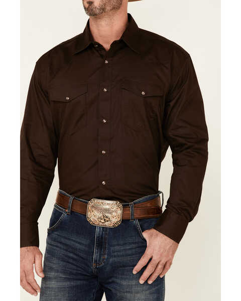 Roper Men's Amarillo Collection Solid Long Sleeve Western Shirt, Brown, hi-res