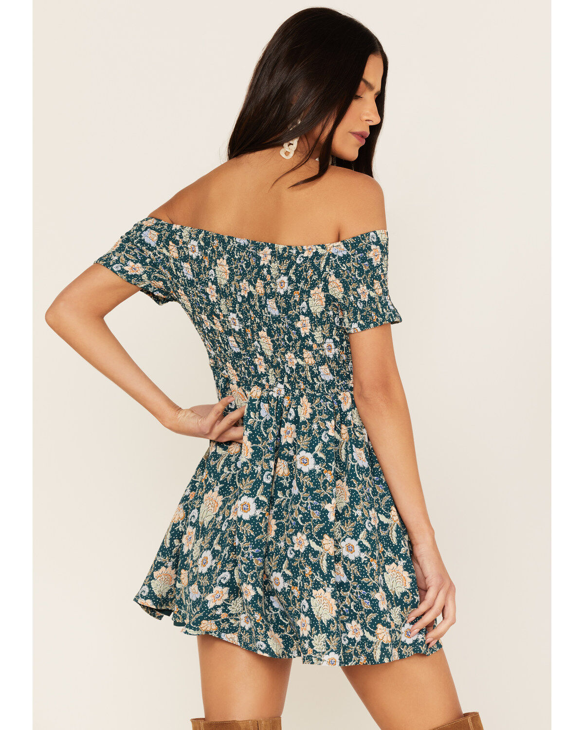 Image #4 - Shyanne Women's Floral Print Smocked Off Shoulder Dress, , hi-res