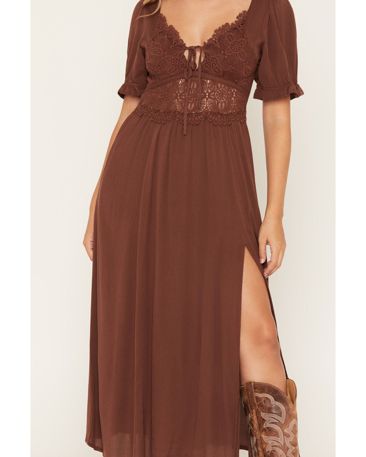 Image #3 - Rosabelle Honey Women's Crochet Front Midi Dress, Brown, hi-res